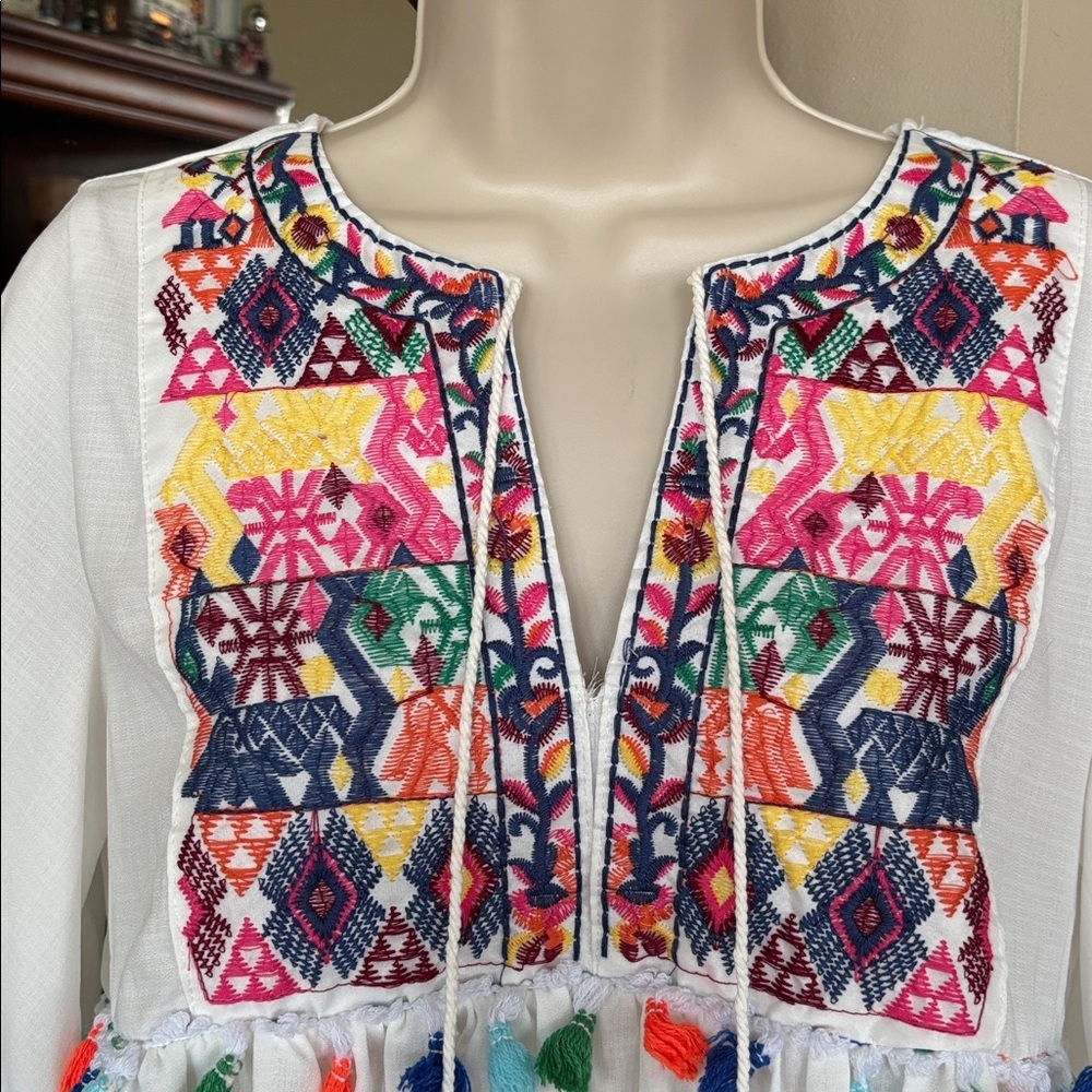 White Colorful Embroidered Tassel Babydoll Dress Puff Sleeves Beach V-Neck Mini - Picture 4 of 12